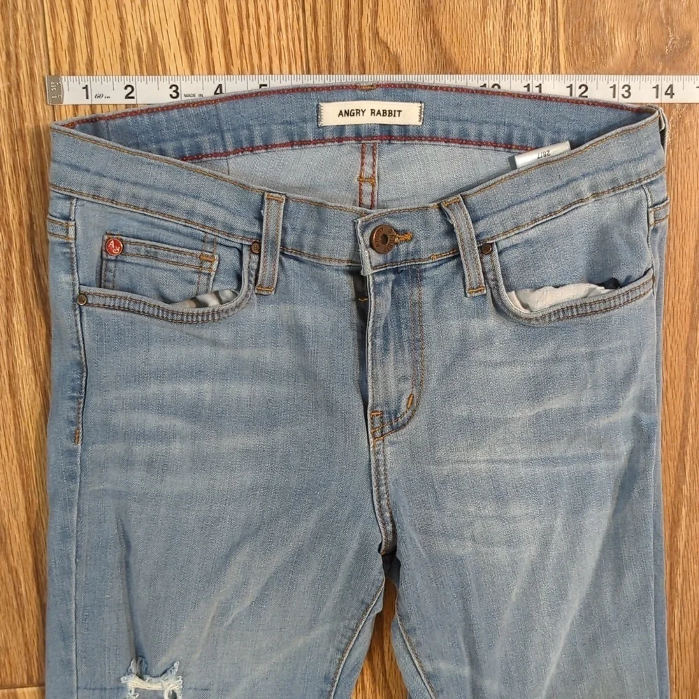 Light wash distressed skinny ankle jeans w/ stretch & raw hem, Angry Rabbit 28" - Picture 2 of 7